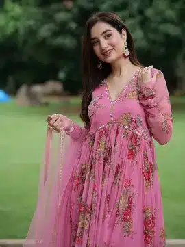 Elegant Rose Pink Floral Anarkali Gown Set with Dupatta – Festive & Party Wear
