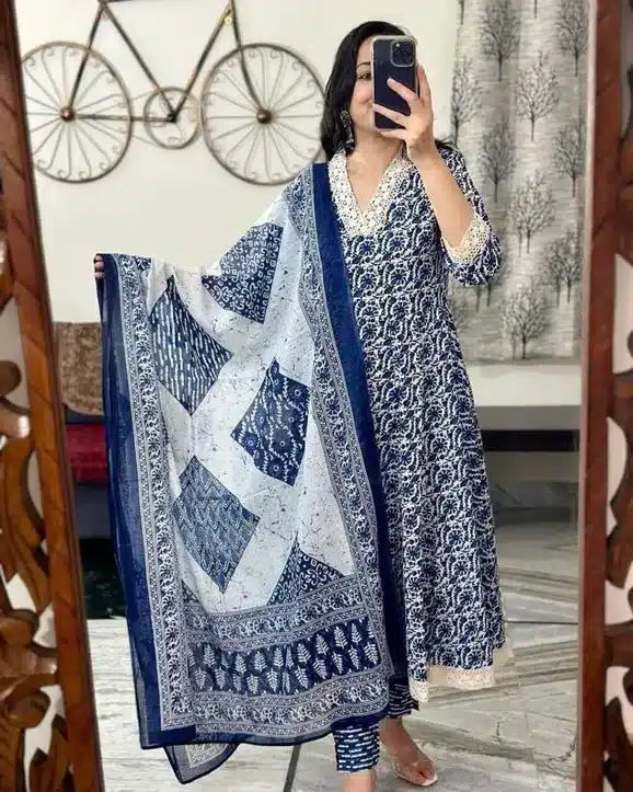 Classic Indigo Blue Block Print Kurta Set with Dupatta – Everyday Ethnic Elegance