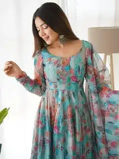 Elegant Pastel Blue Floral Anarkali Kurta Set with Dupatta – Summer Festive Wear