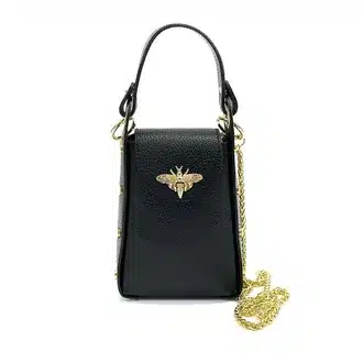Women’s Mini Top Handle Sling Bag with Chain Strap & Bee Lock Design – Black