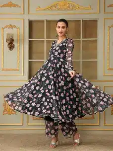 Elegant Floral Printed Anarkali Kurta Set with Palazzo – Party & Festive Wear