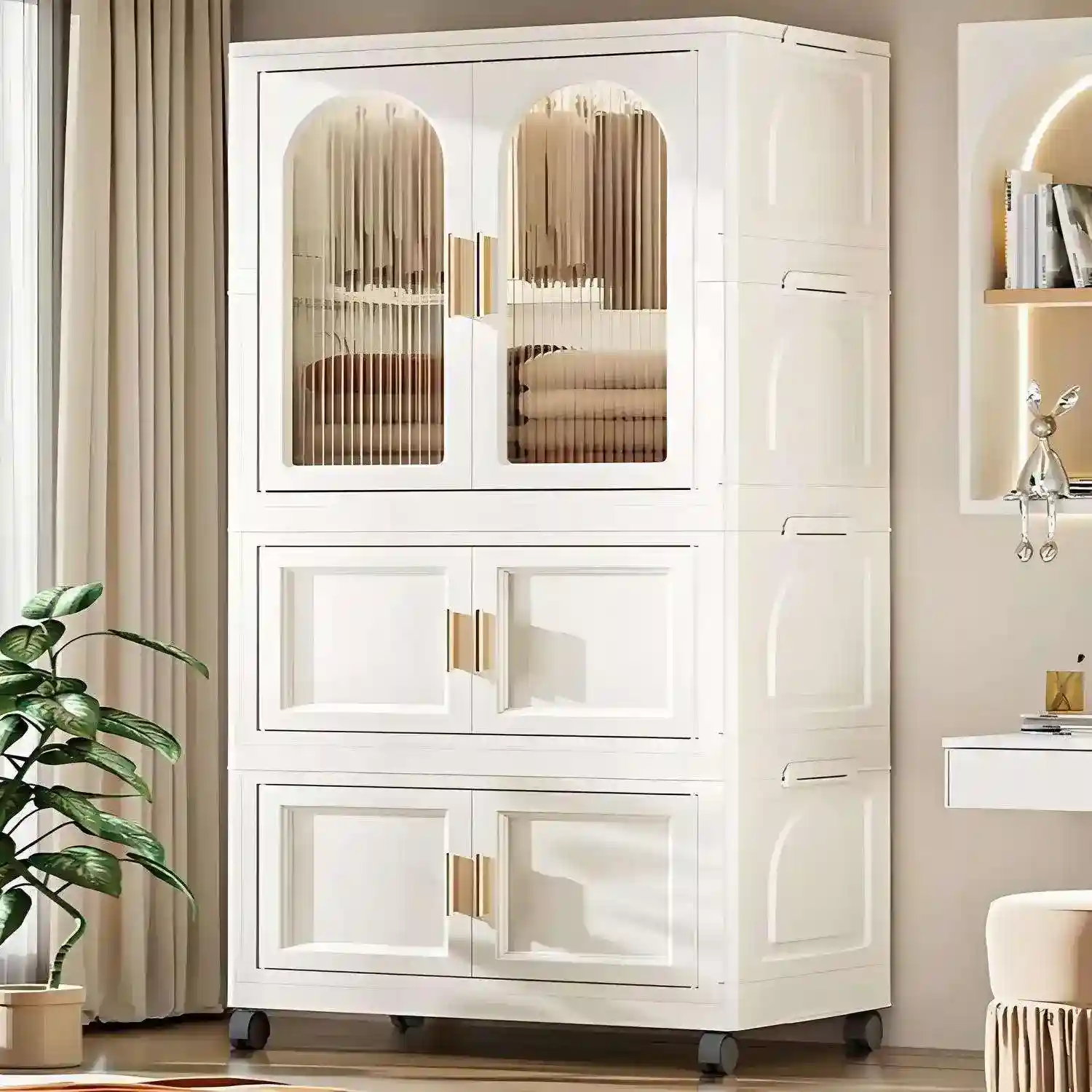 Modern Multi-Layer Storage Cabinet with Transparent Doors & Wheels – White
