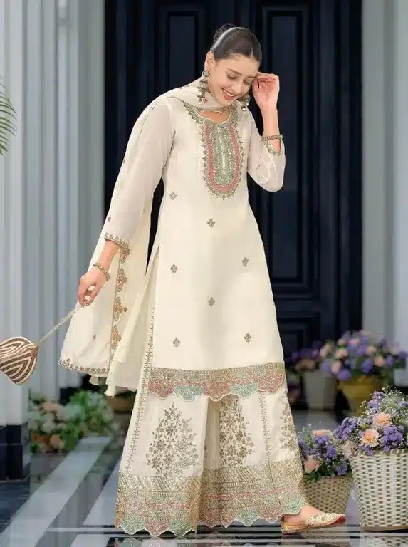 White Chinon Embroidered Stitched Kurta Set