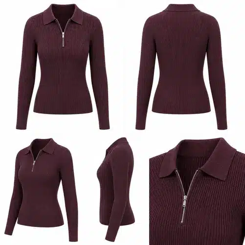 Premium Maroon Ribbed Zip Collar Knit Top