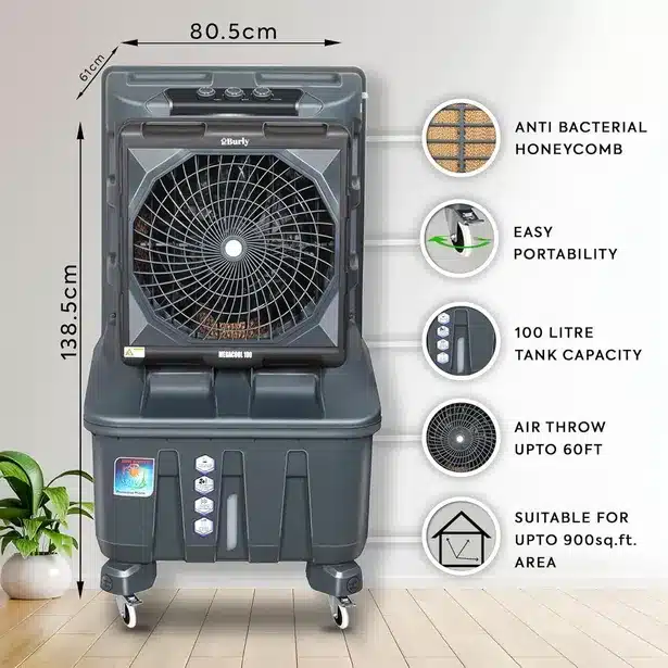 BURLY MEGA COOL 100 Ltr Desert Air Cooler Grey and White