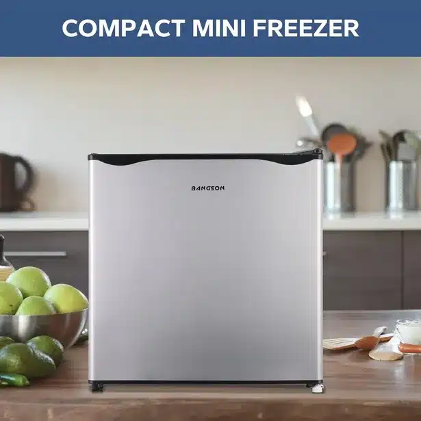 BANGSON 1.1 Cubic Feet Mini Upright Freezer - Small and Compact with Removable Shelf and Reversible Door - For Home, Kitchen, Office