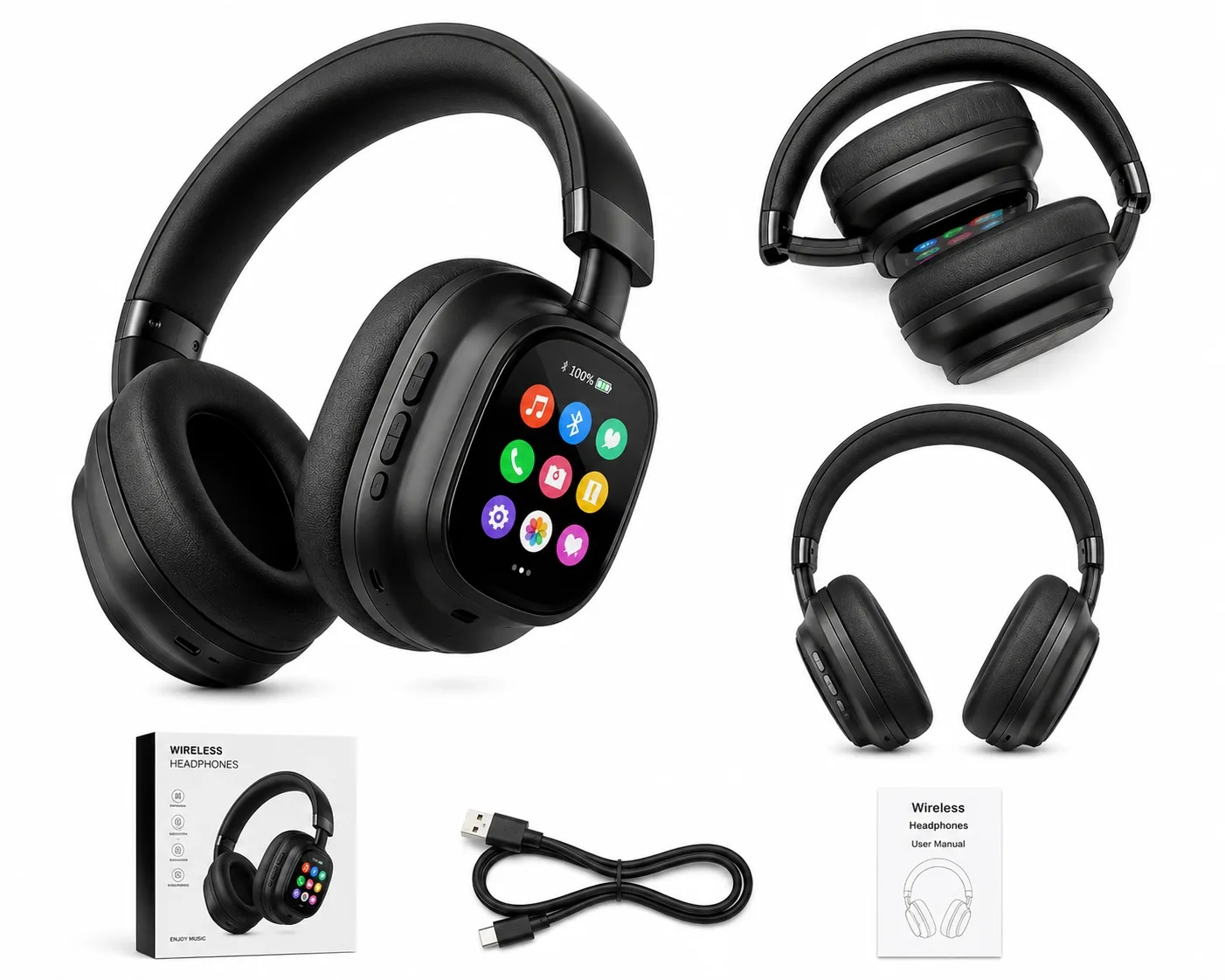 Smart Wireless Bluetooth Over-Ear Headphones with LCD Touch Screen